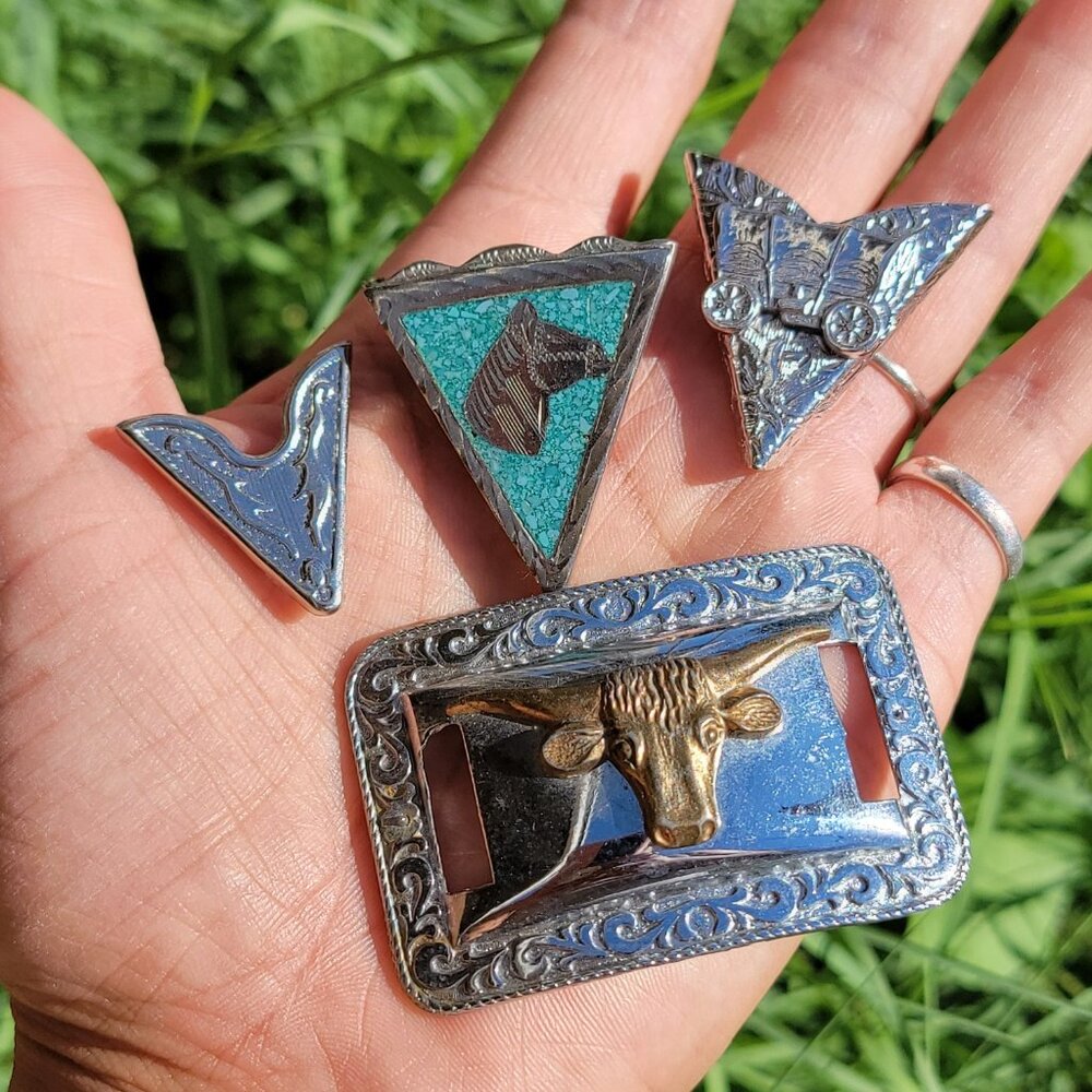 Southwestern western cowgirl cowboy vintage cow stagecoach collar tips belt lot